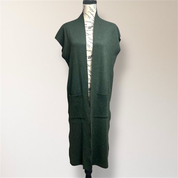 Tahari L Dark Green Knit Sleeveless Duster Cardigan Longline Open Front Pockets - Picture 2 of 6